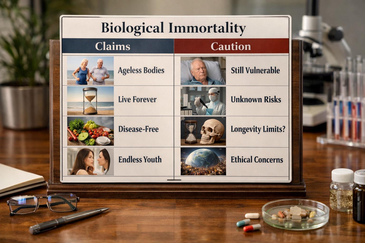 biological immortality. A Tidy Table of Claims vs Caution